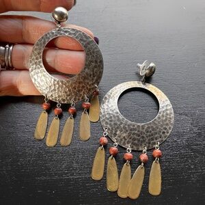 Vintage Alpaca Hammered Silver Hoops Brass Dangle Tribal Fringe Earrings Pierced